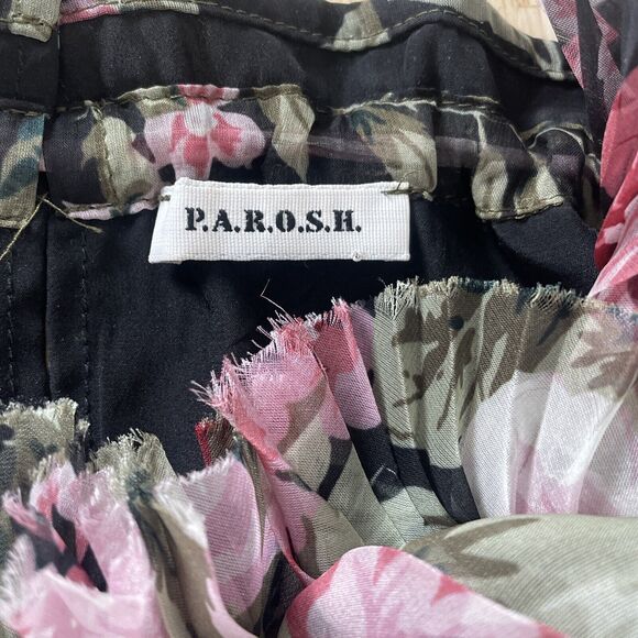 P.A.R.O.S.H. Floral Ruffle Top Shirt Sleeveless Round Collar Black Pink Sz Small - Picture 5 of 10